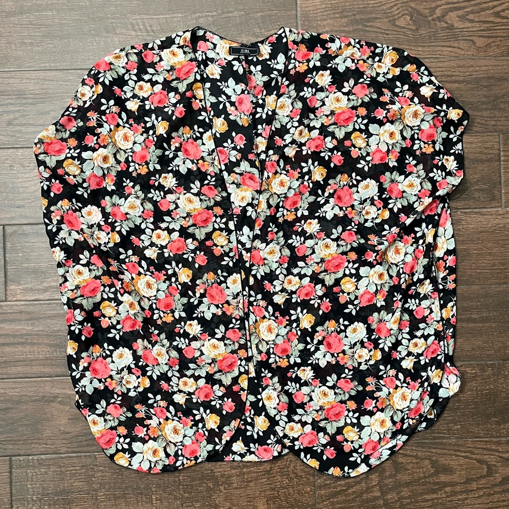 Floral black and pink open front oversized blouse